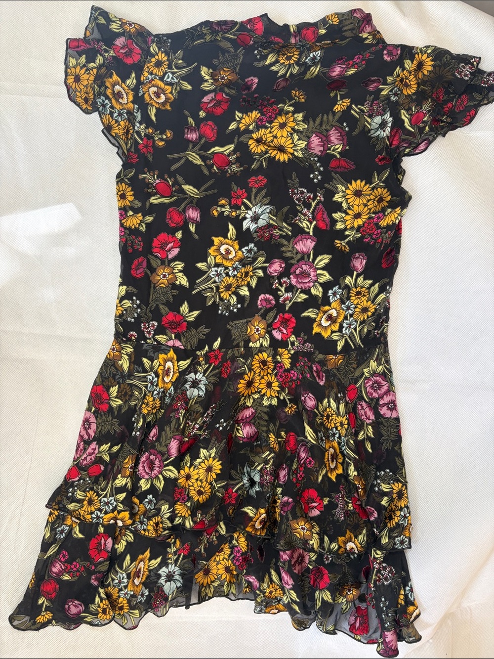 Alice + Olivia Silk Blend Floral Ruffle Mini Dress Black Tie Neck Size 6 - Picture 3 of 15
